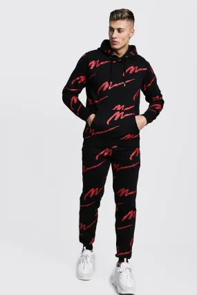 All Over Red MAN Print Hooded Tracksuit | boohooMAN UK