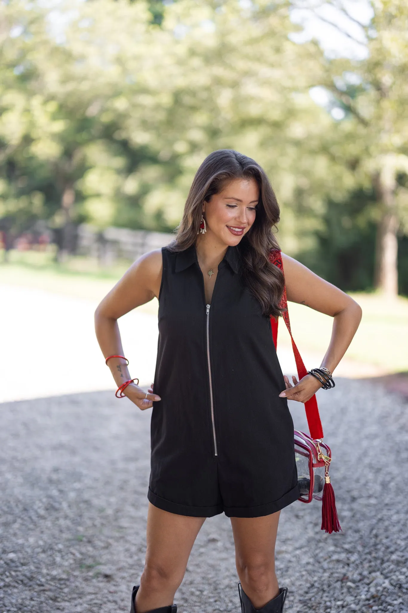 Black Twill Denim Romper