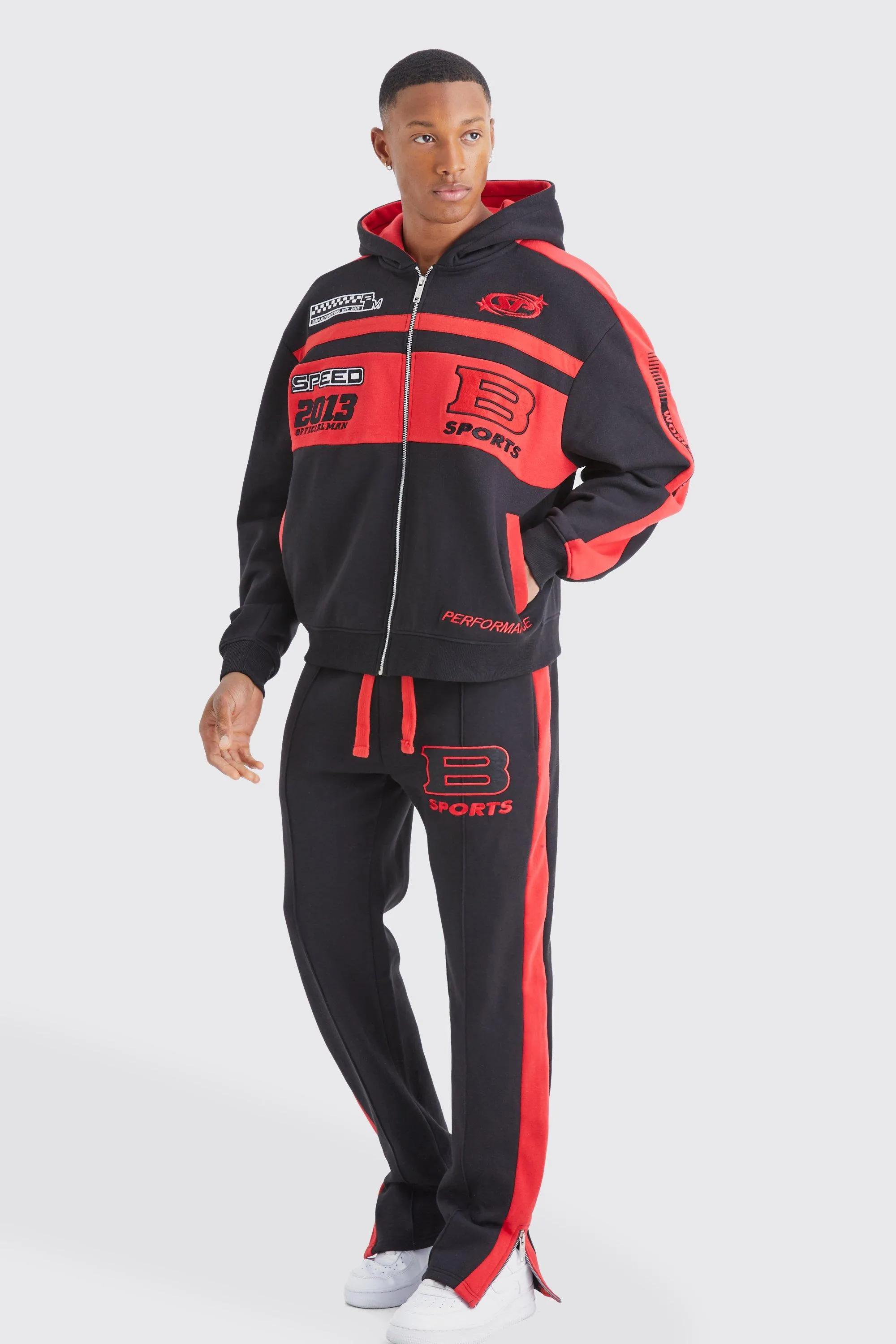 Boxy Zip Through Moto Panel Split Hem Tracksuit | boohooMAN UK