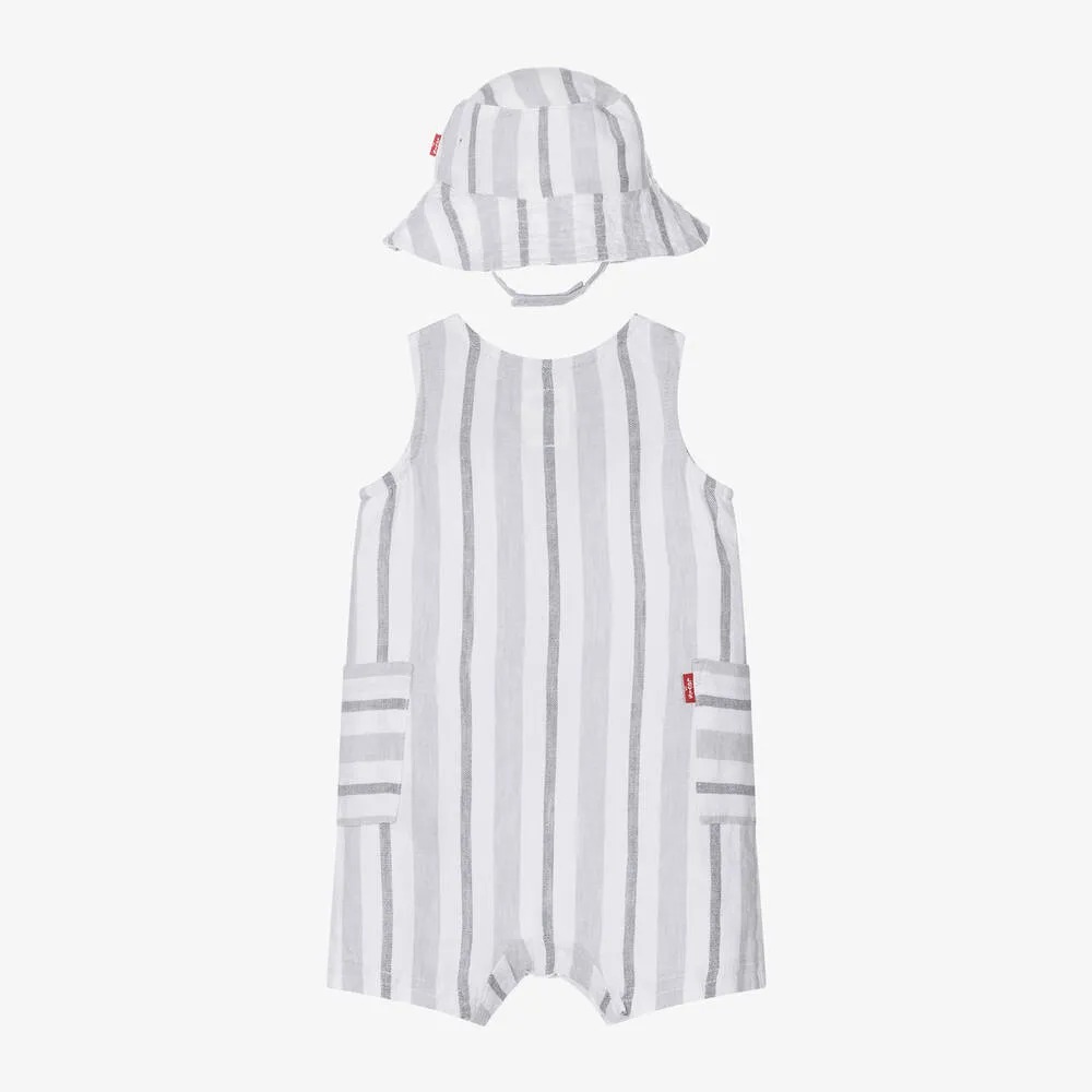 Boys Grey Linen Babysuit & Hat Set