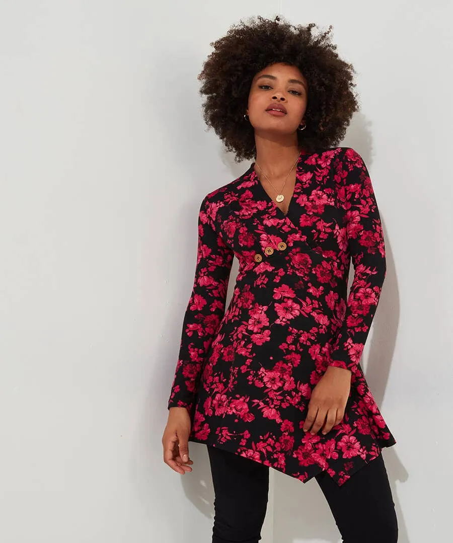 Button Detail Printed Jersey Tunic Top