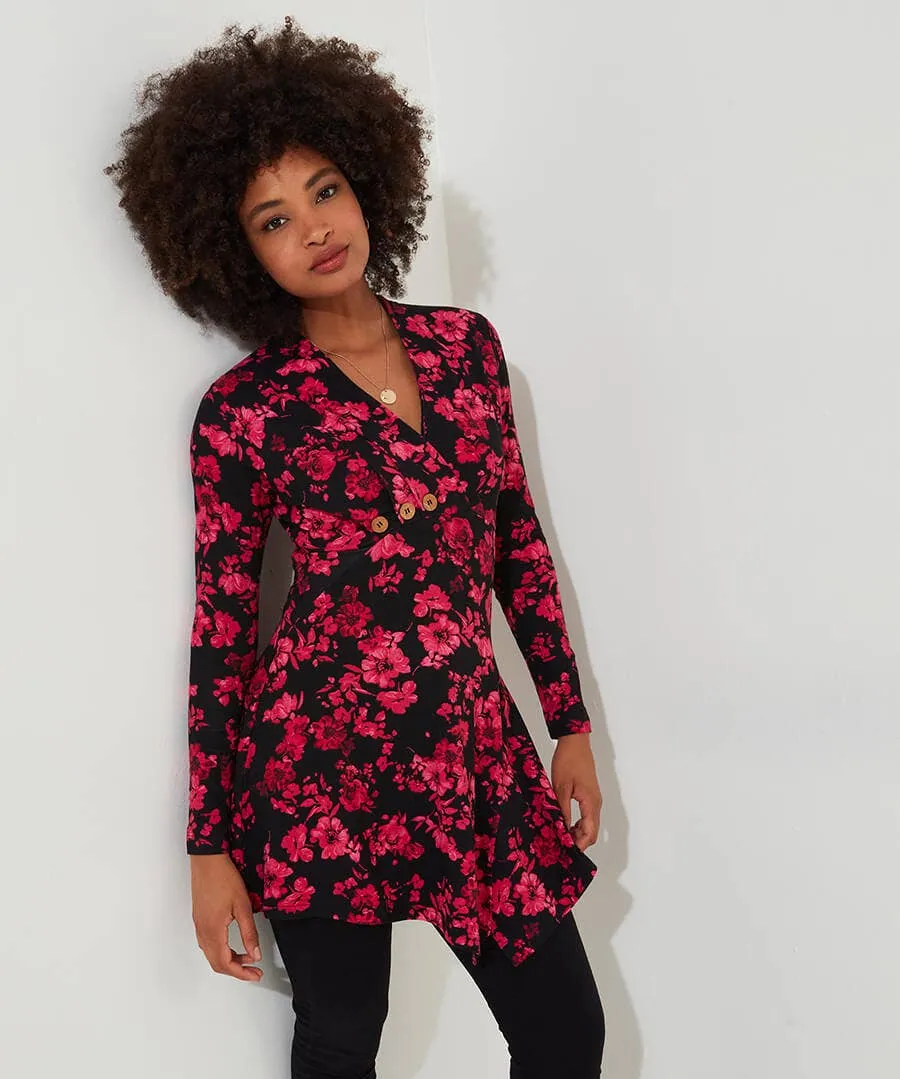 Button Detail Printed Jersey Tunic Top