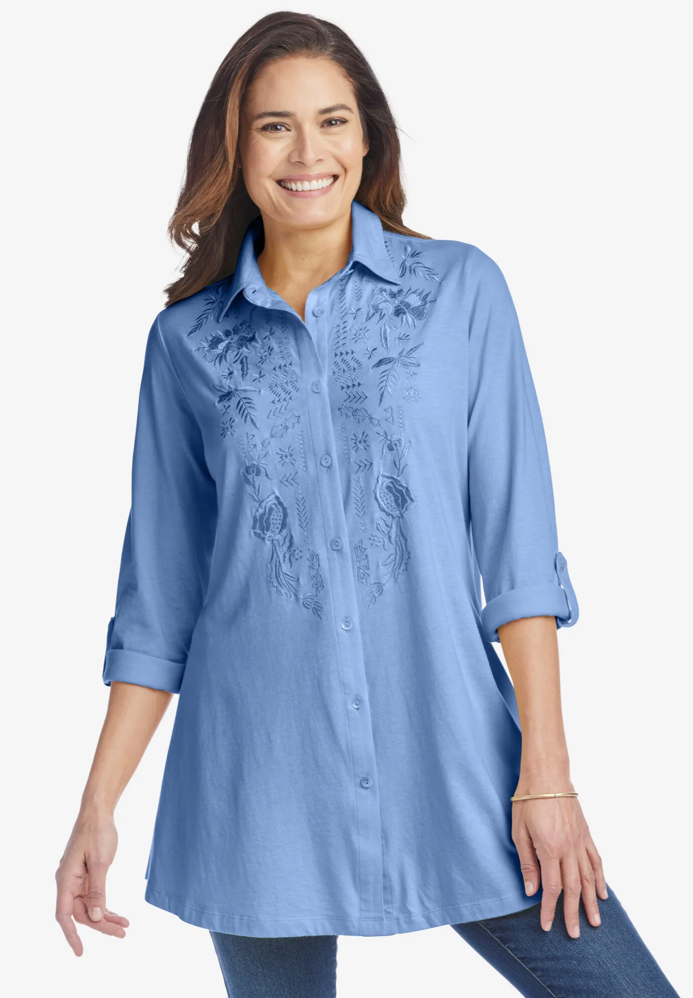 Button-Front Embroidered Tunic