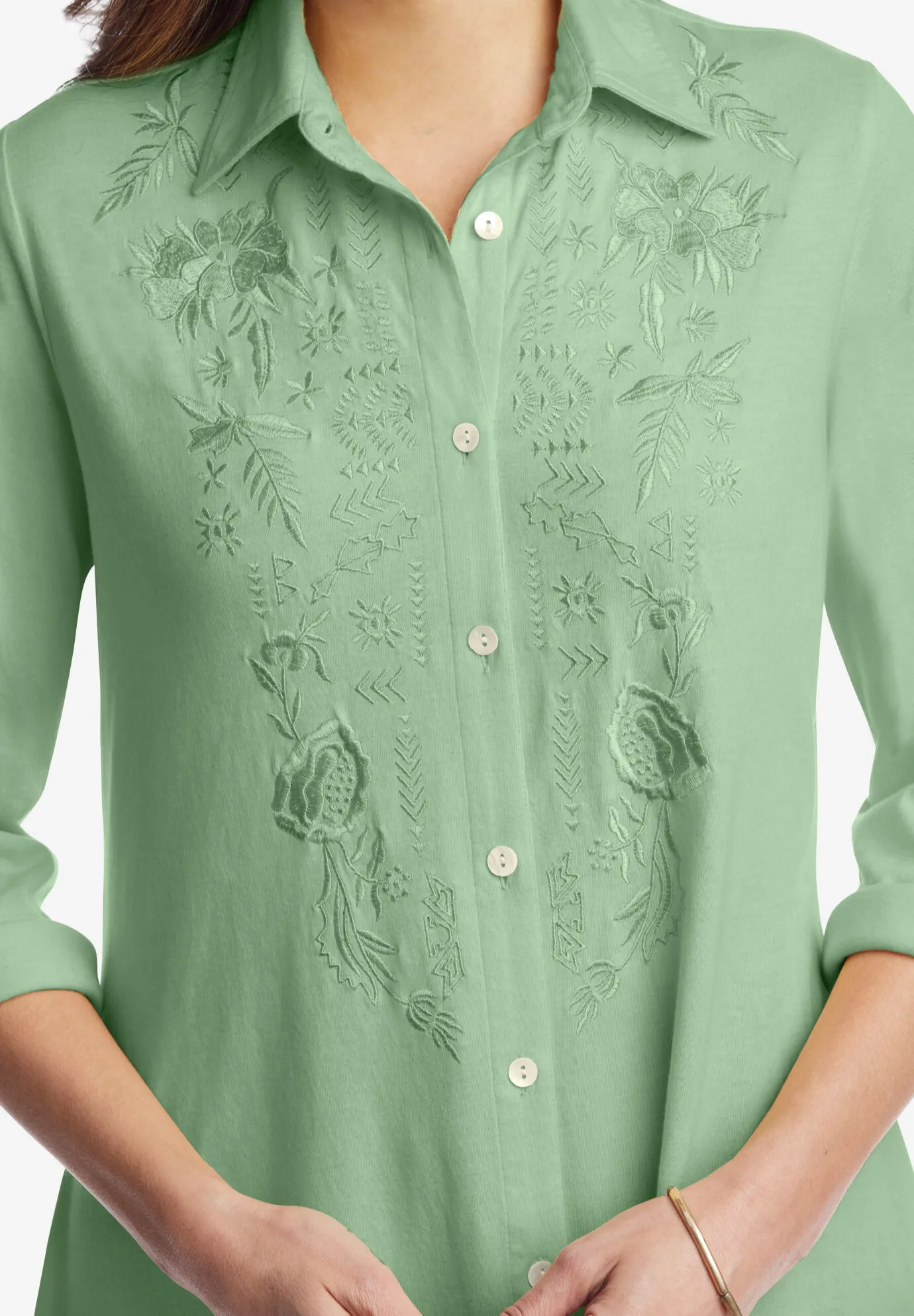 Button-Front Embroidered Tunic