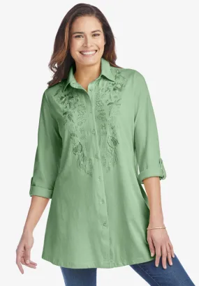 Button-Front Embroidered Tunic