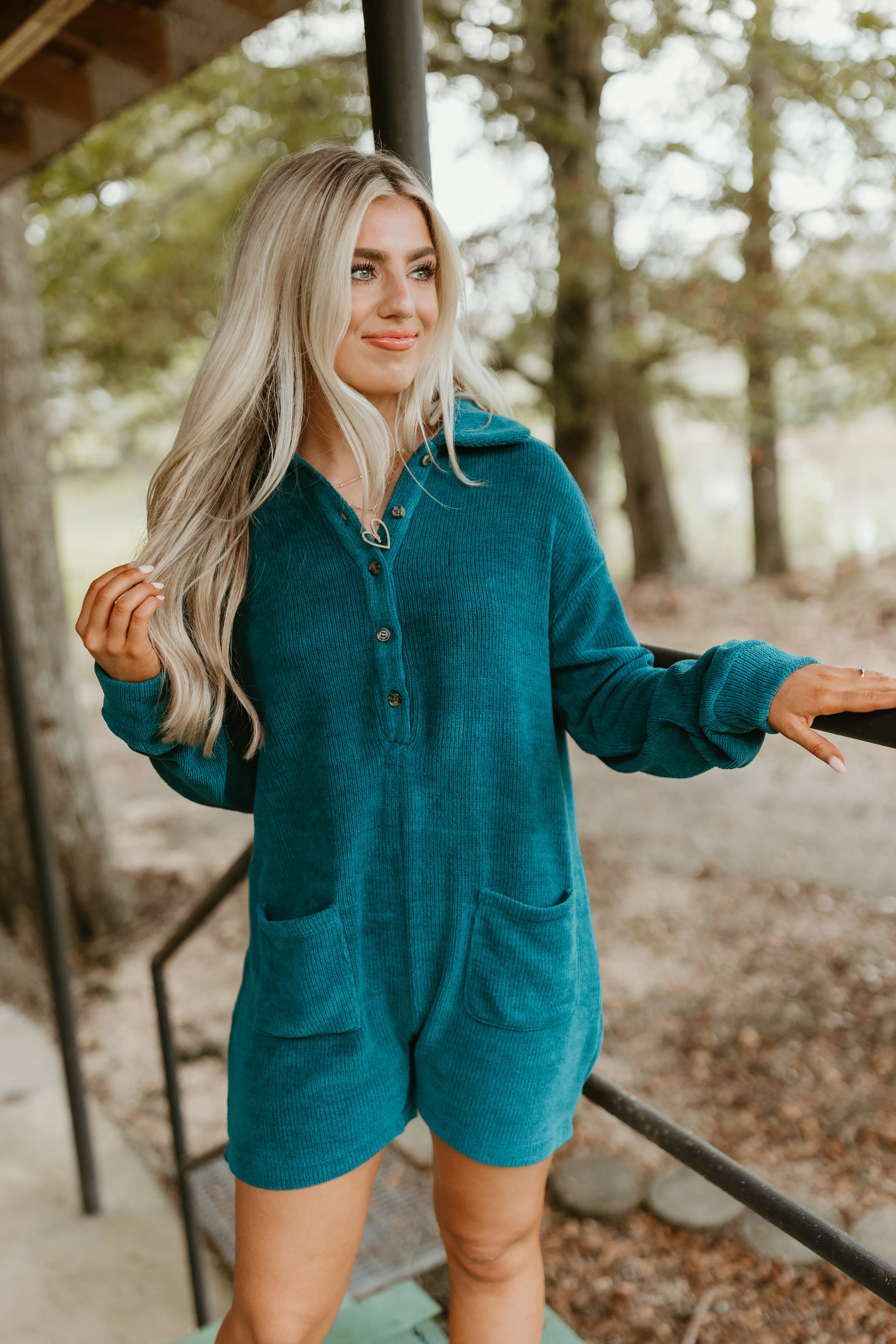 Dark Teal Collared Half Button Romper