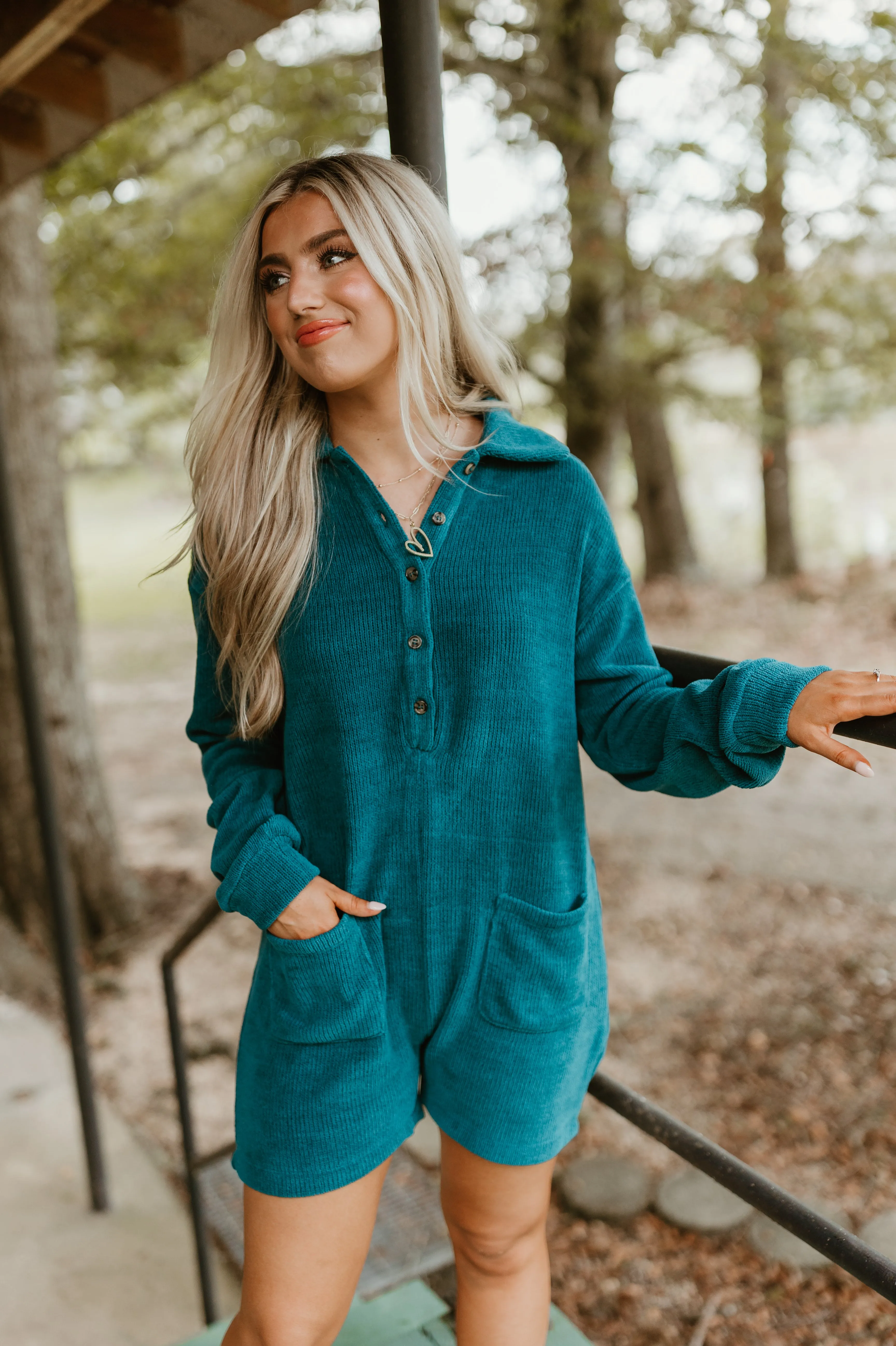 Dark Teal Collared Half Button Romper