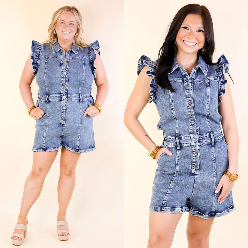 Feminine Flair Denim Romper with Ruffles and Collar in Medium Wash