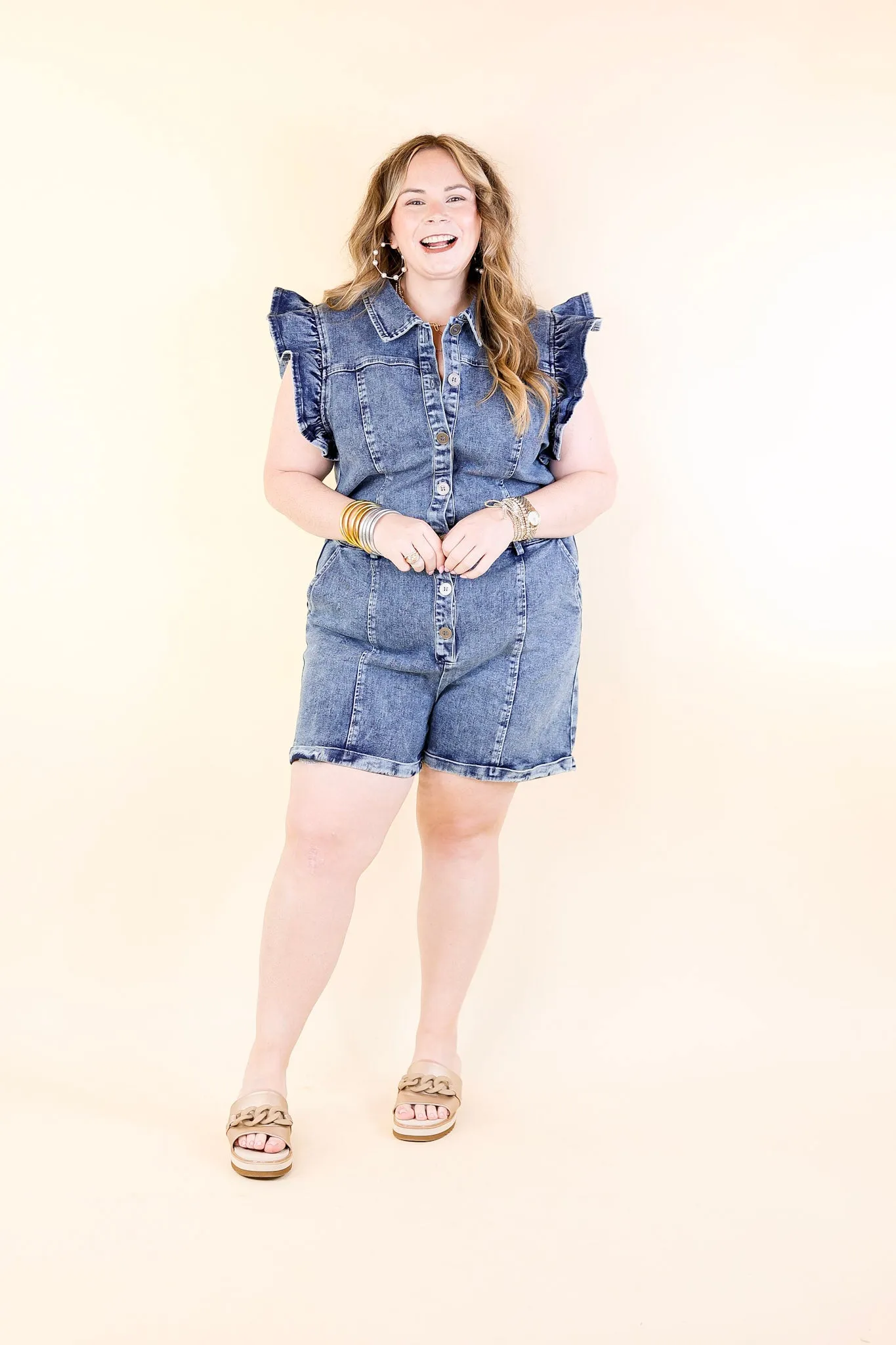 Feminine Flair Denim Romper with Ruffles and Collar in Medium Wash