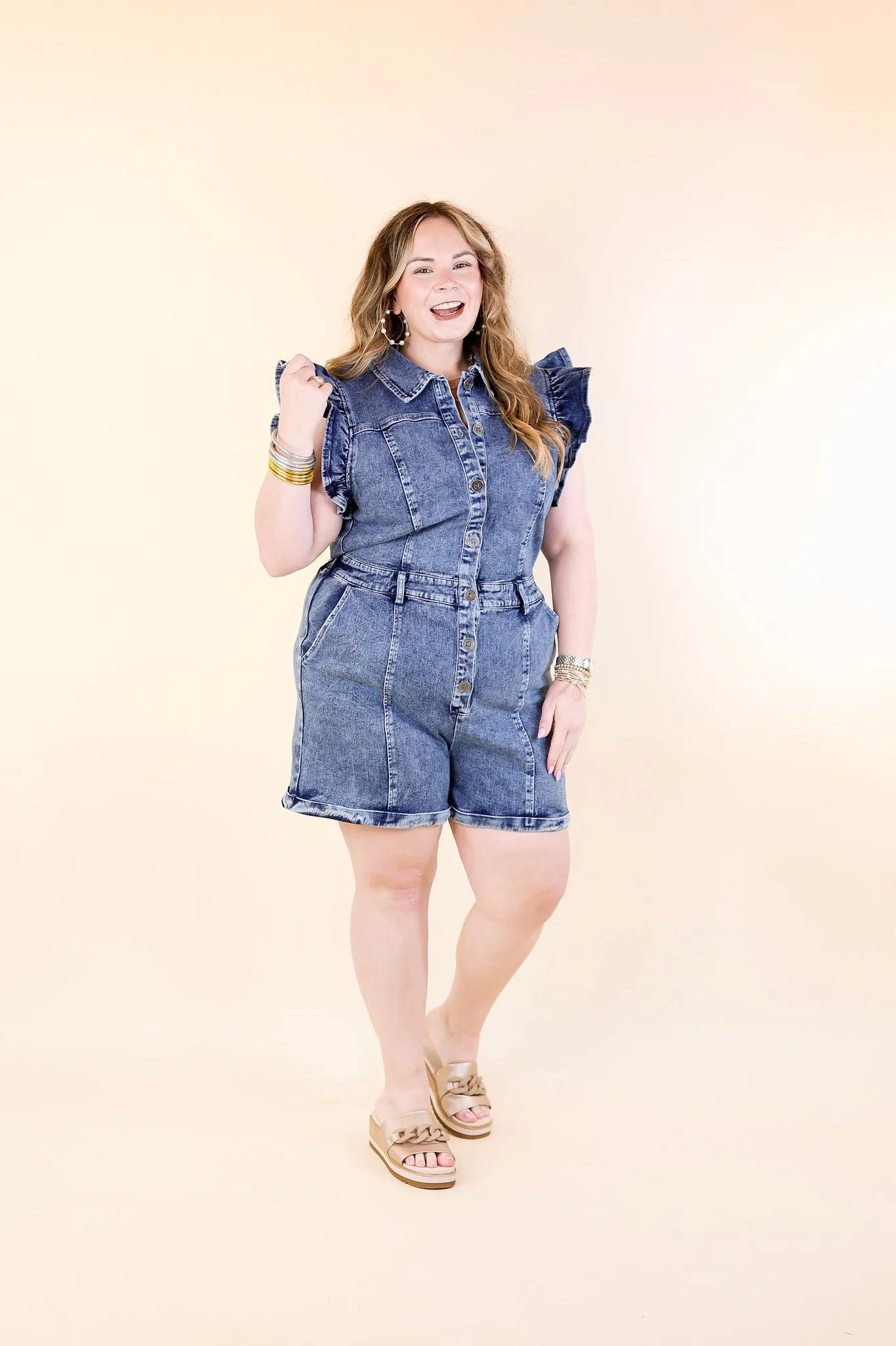 Feminine Flair Denim Romper with Ruffles and Collar in Medium Wash