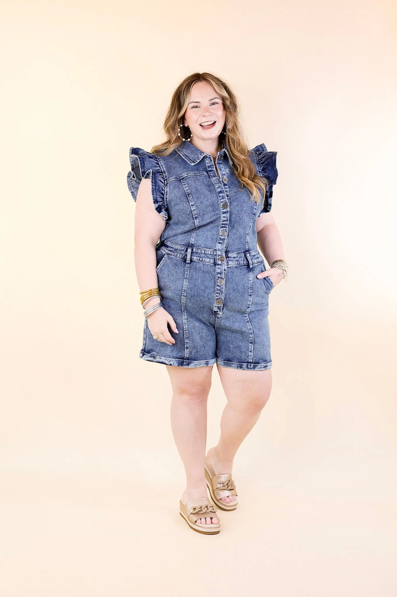 Feminine Flair Denim Romper with Ruffles and Collar in Medium Wash