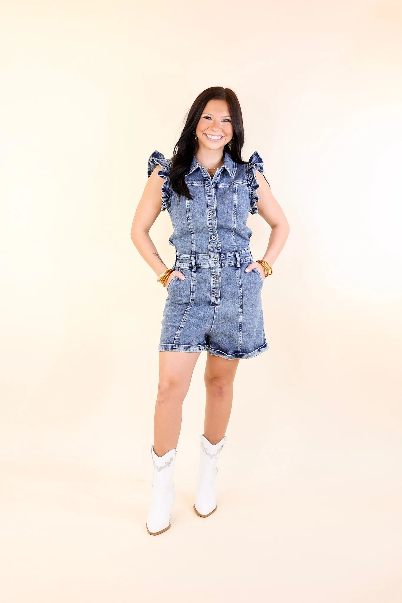 Feminine Flair Denim Romper with Ruffles and Collar in Medium Wash