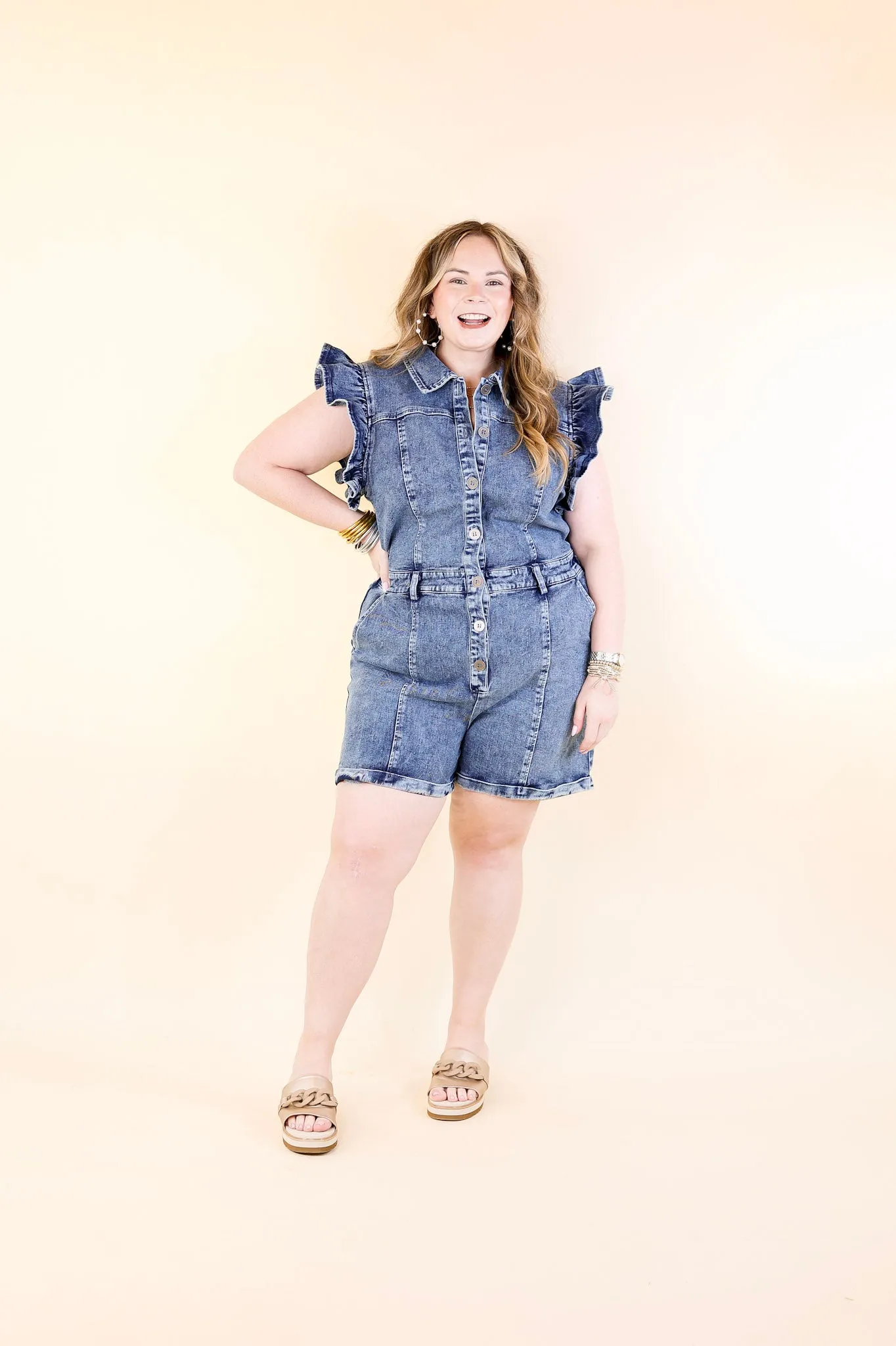 Feminine Flair Denim Romper with Ruffles and Collar in Medium Wash