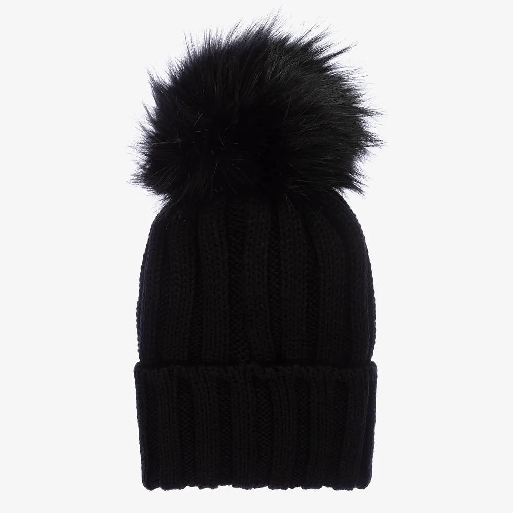 Girls Black Wool Knitted Pom-Pom Hat