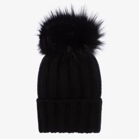 Girls Black Wool Knitted Pom-Pom Hat