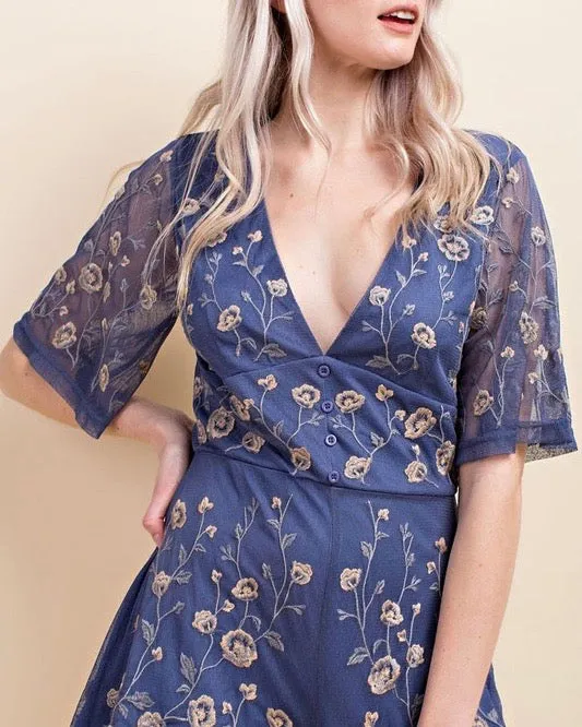 Honey Belle - V-Neck Floral Embroidered Short Sleeve Romper in Indigo