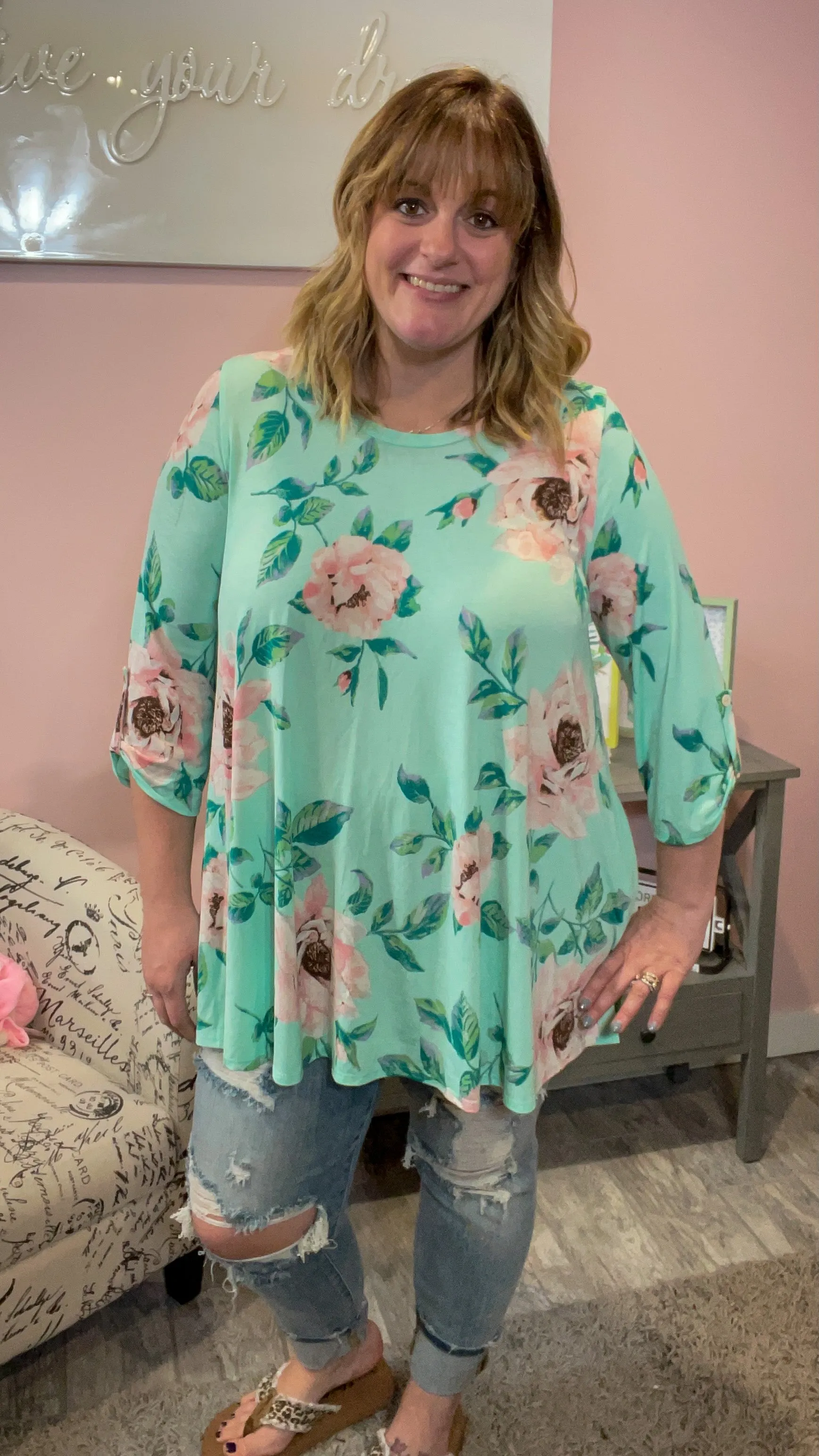 Mint Floral Button Back Tunic