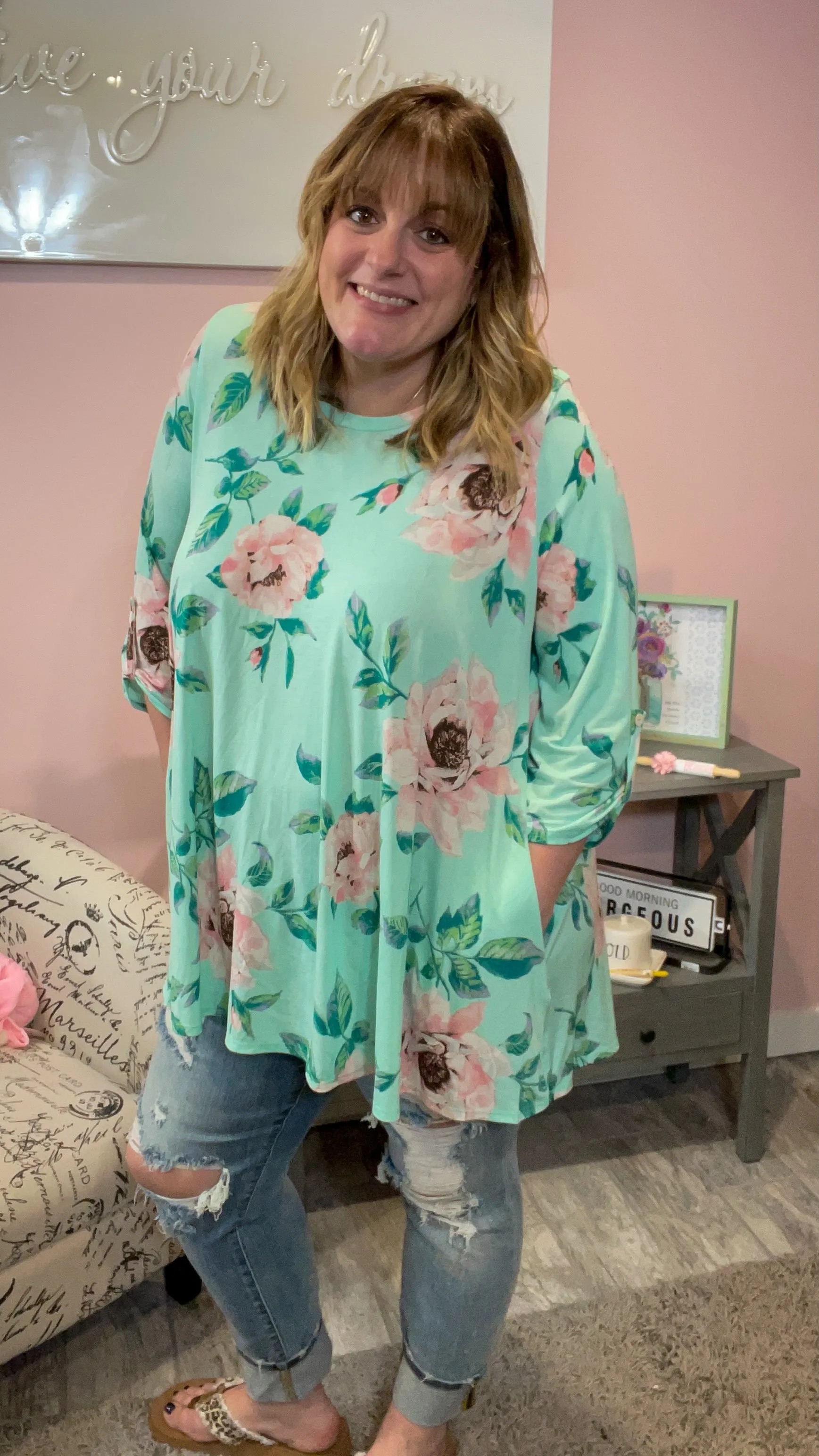 Mint Floral Button Back Tunic