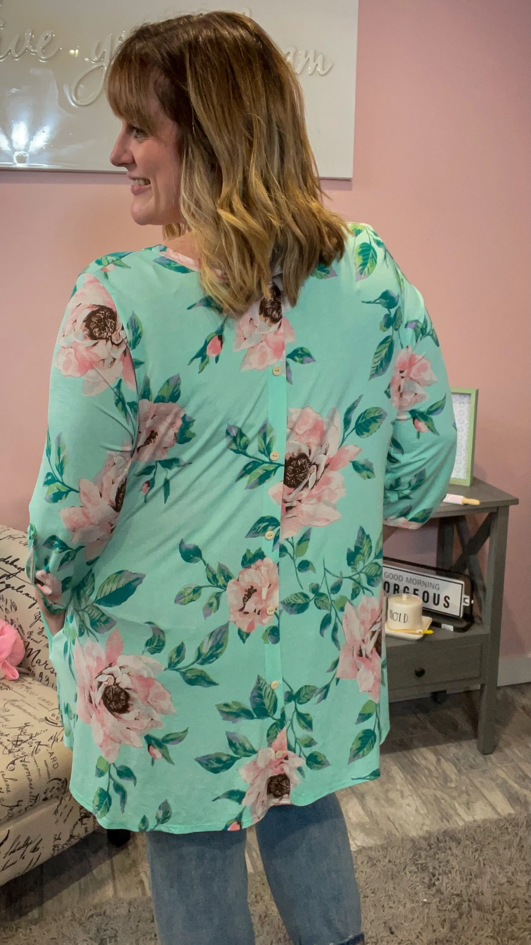 Mint Floral Button Back Tunic