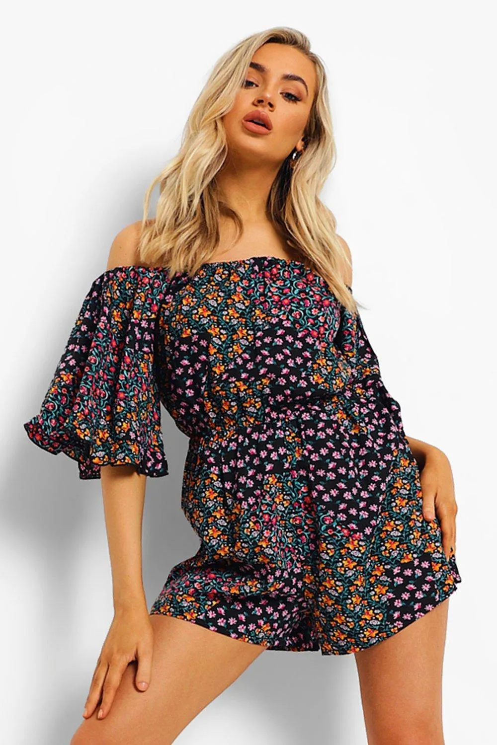 Mixed Floral Off The Shoulder Volume Sleeve Romper