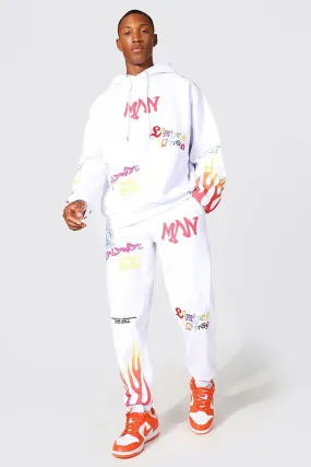 Oversized Man Flame Graffiti Tracksuit | boohooMAN UK