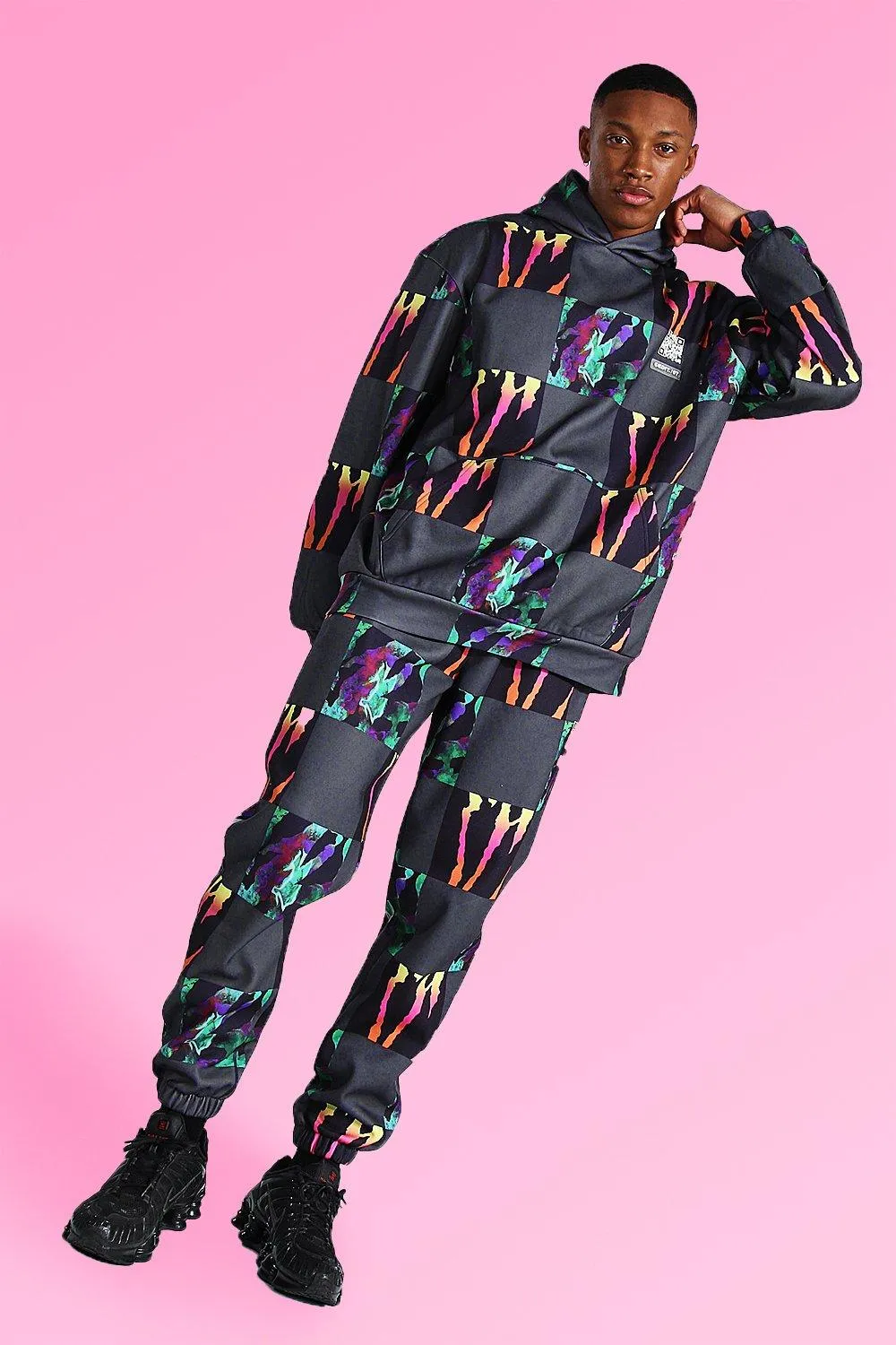 Oversized Tie Dye Patchwork Hooded Tracksuit | boohooMAN UK