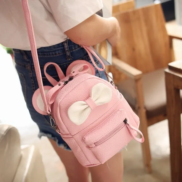 Pink White Bow Mouse Ears Mini Backpack Cross Body Bag