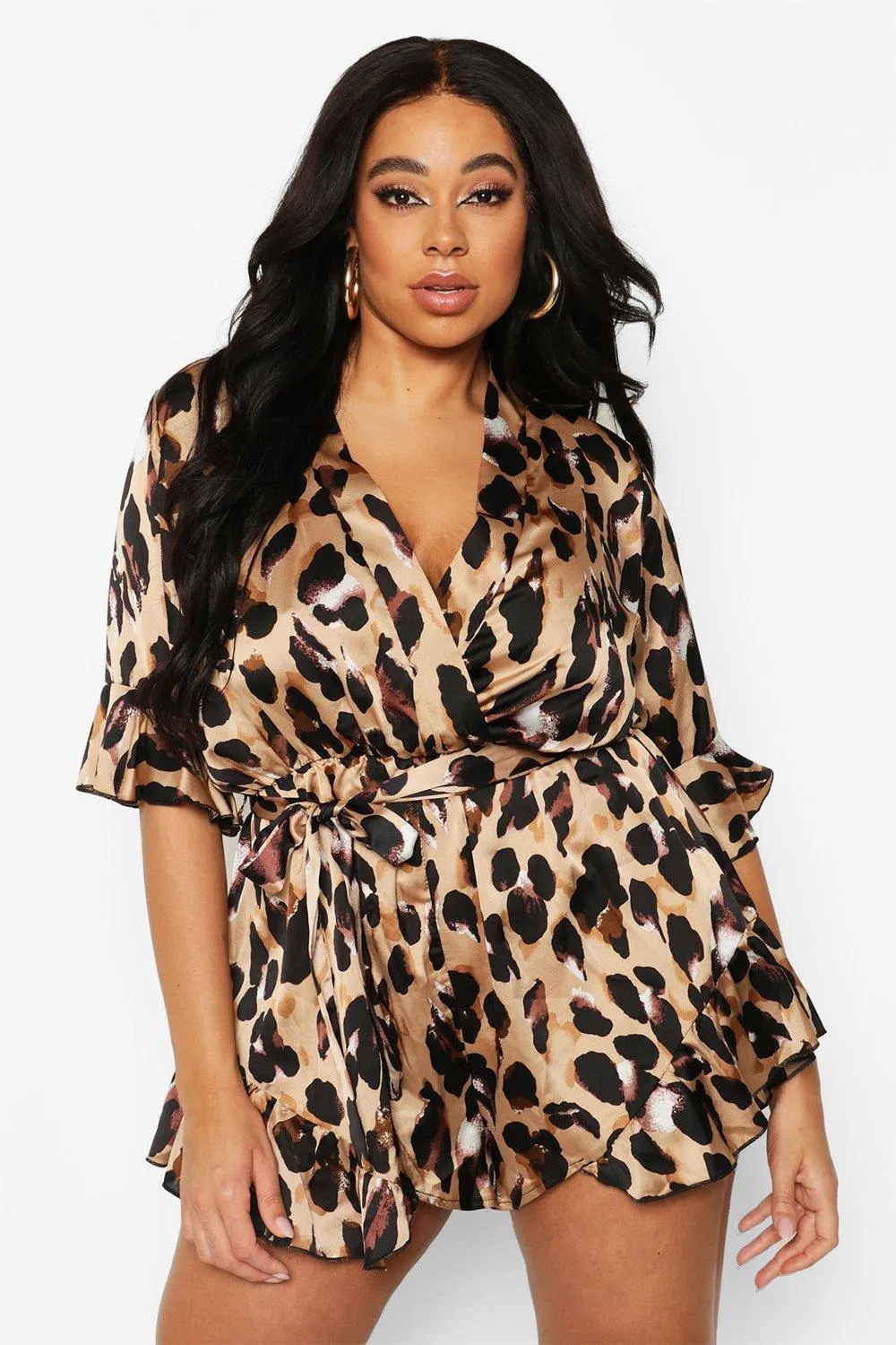 Plus Satin Leopard Print Ruffle Wrap Tie Romper