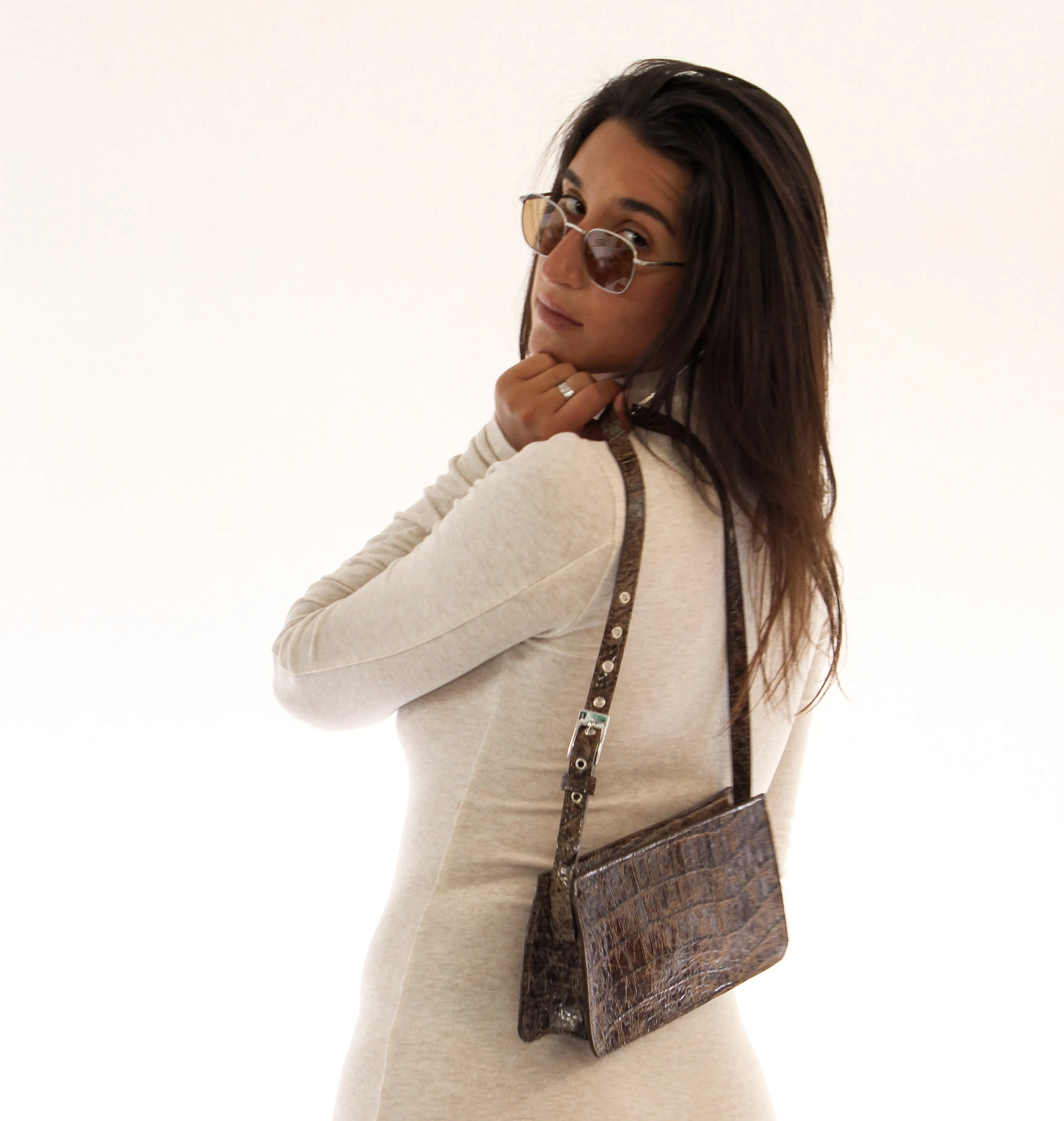 Ray Shoulder Bag - Chocolate Croc-Embossed