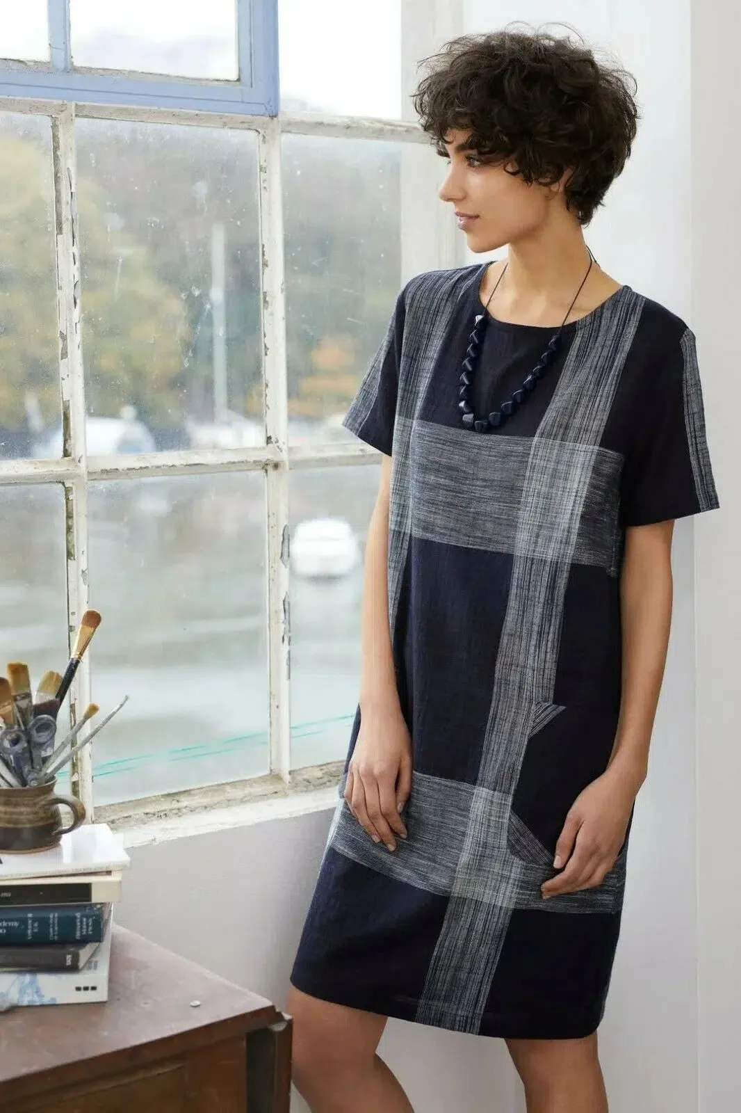 Short Sleeve Check Tunic Dress