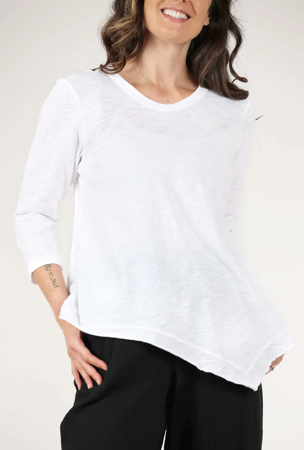 Slant Hem 3/4-Sleeve Tunic, White