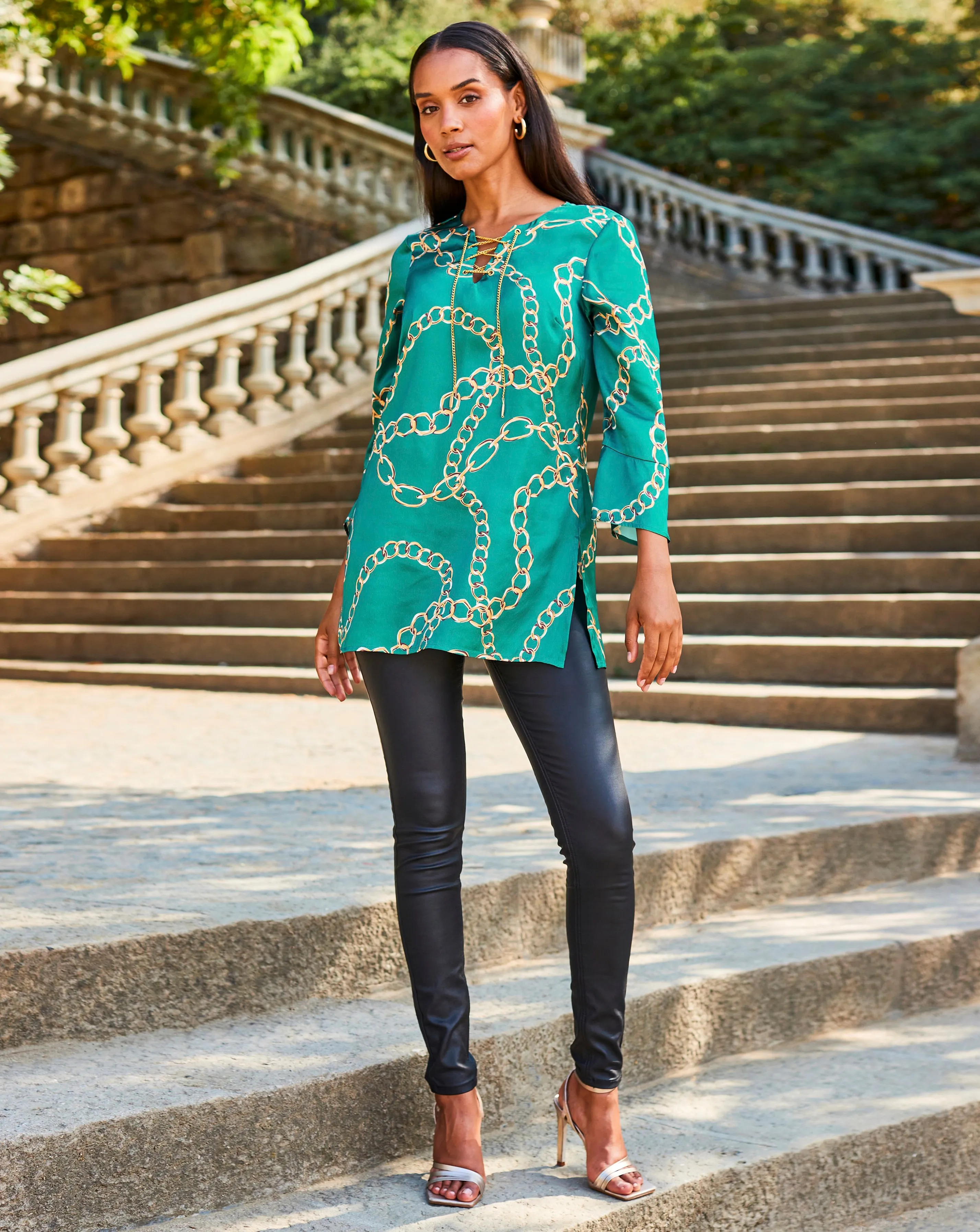 Sosandar Teal Chain Print Lace Front Longline Tunic Top