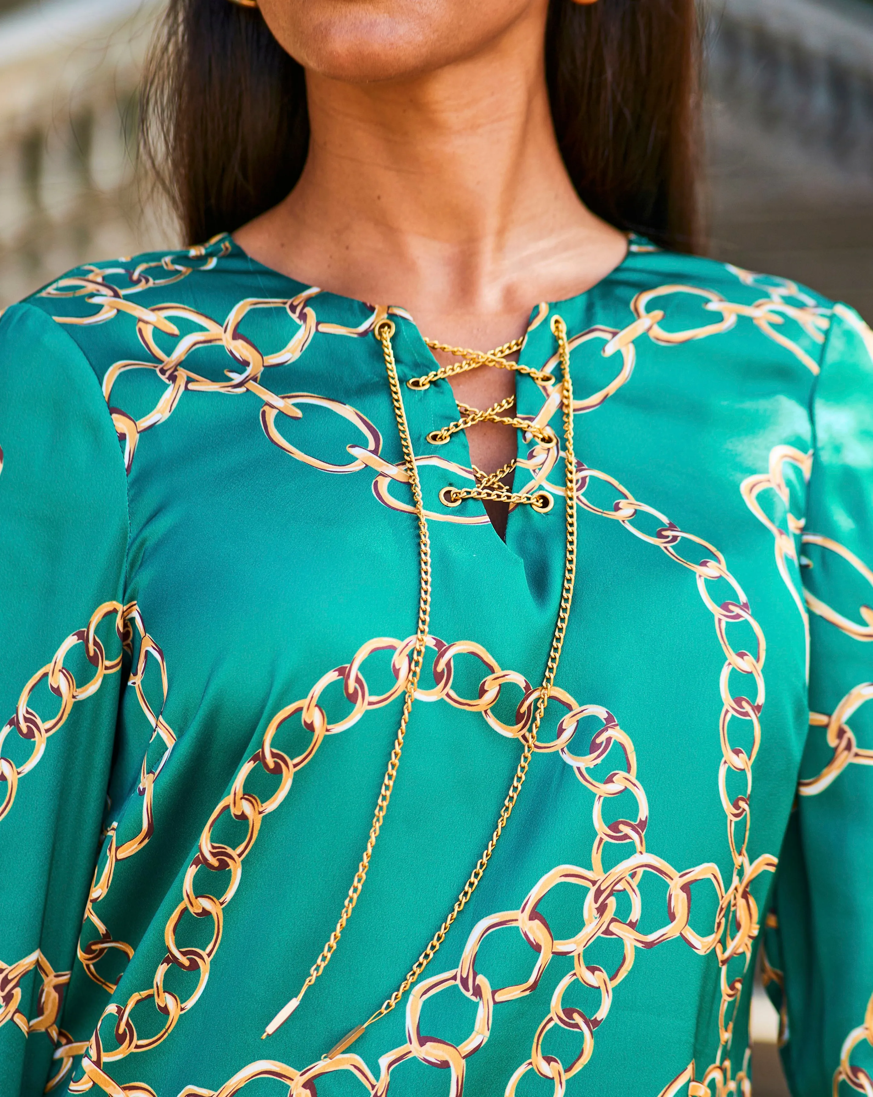 Sosandar Teal Chain Print Lace Front Longline Tunic Top