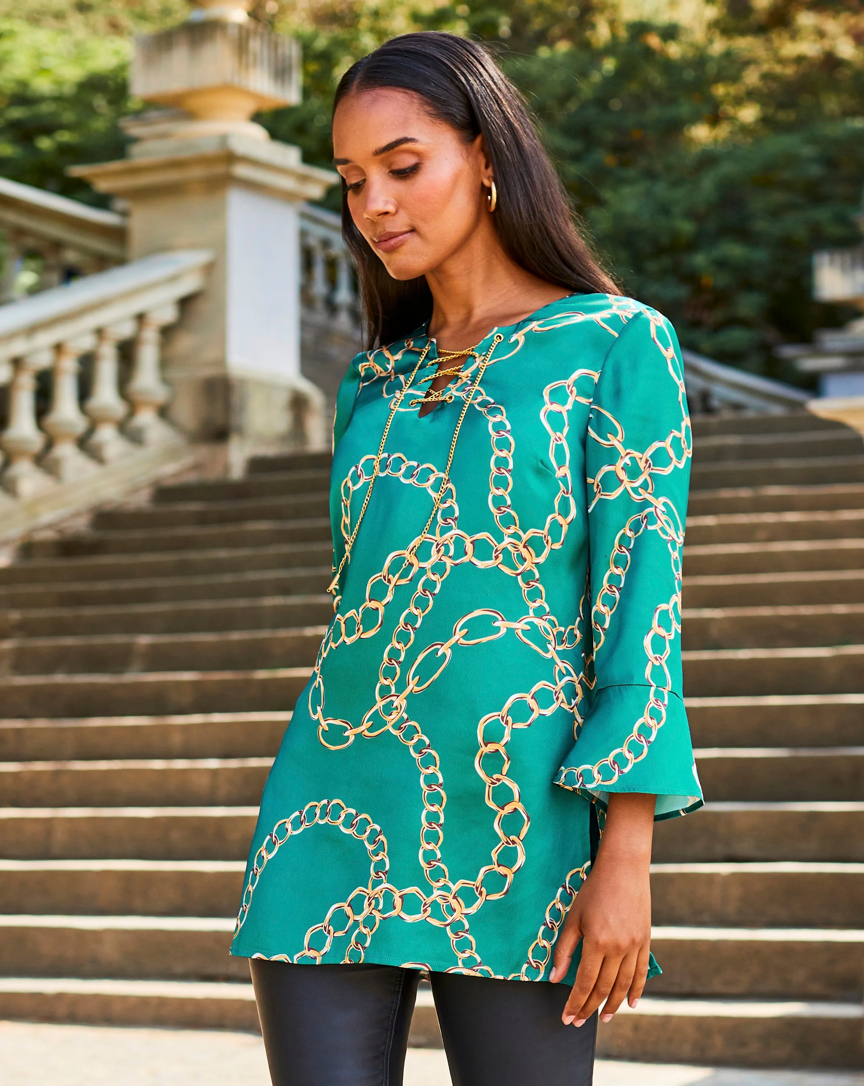 Sosandar Teal Chain Print Lace Front Longline Tunic Top