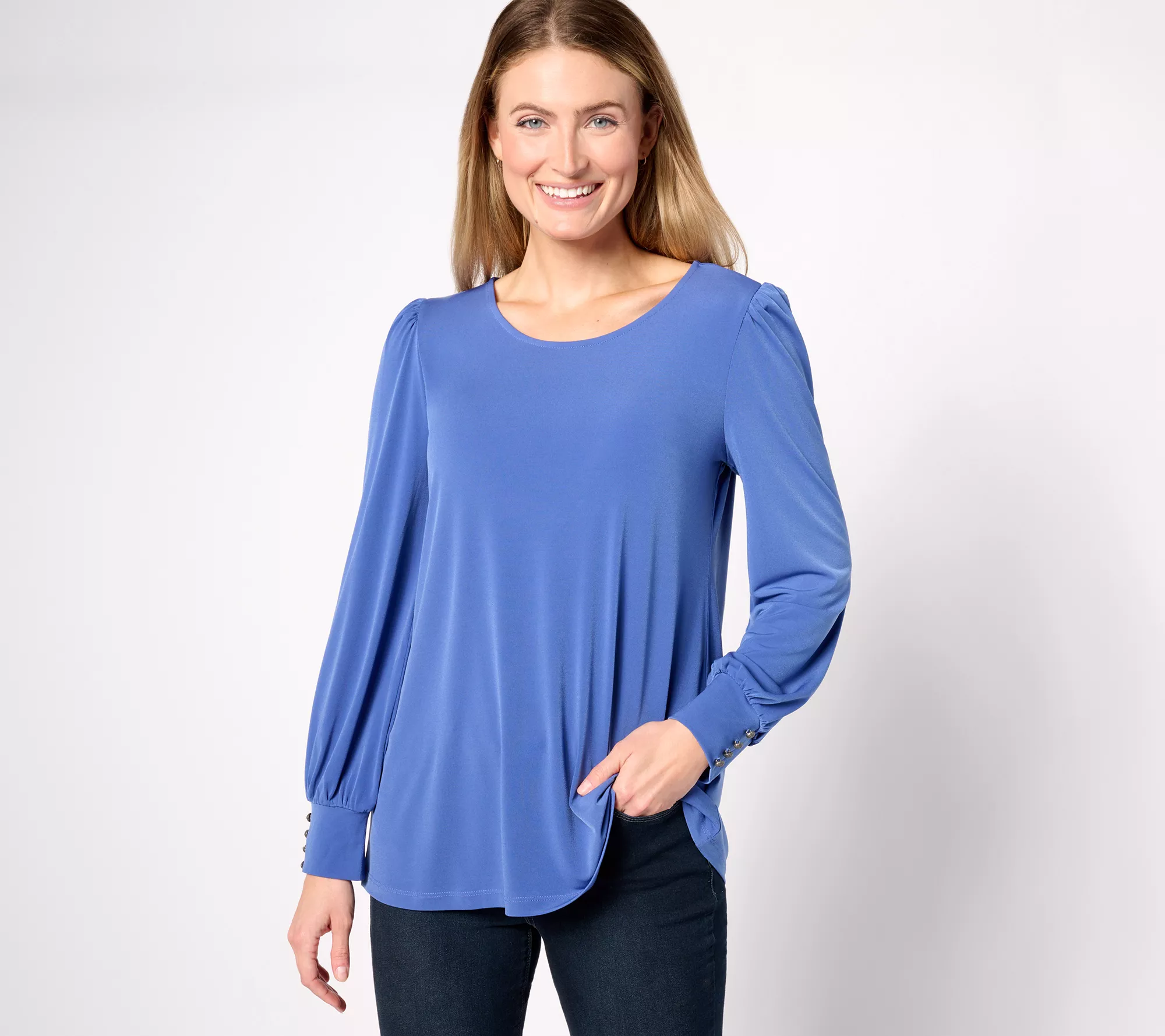 Susan Graver Petite Liquid Knit Blouson Sleeve A-Line Tunic