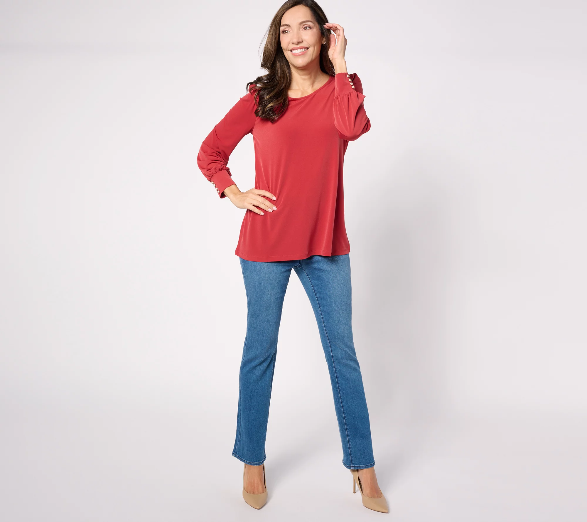 Susan Graver Petite Liquid Knit Blouson Sleeve A-Line Tunic