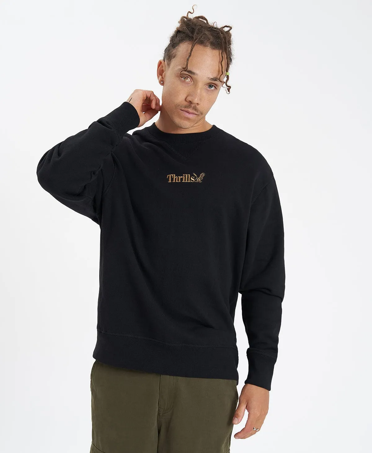 Thrills Workwear Embro Oversize Fit Crew Jumper Black