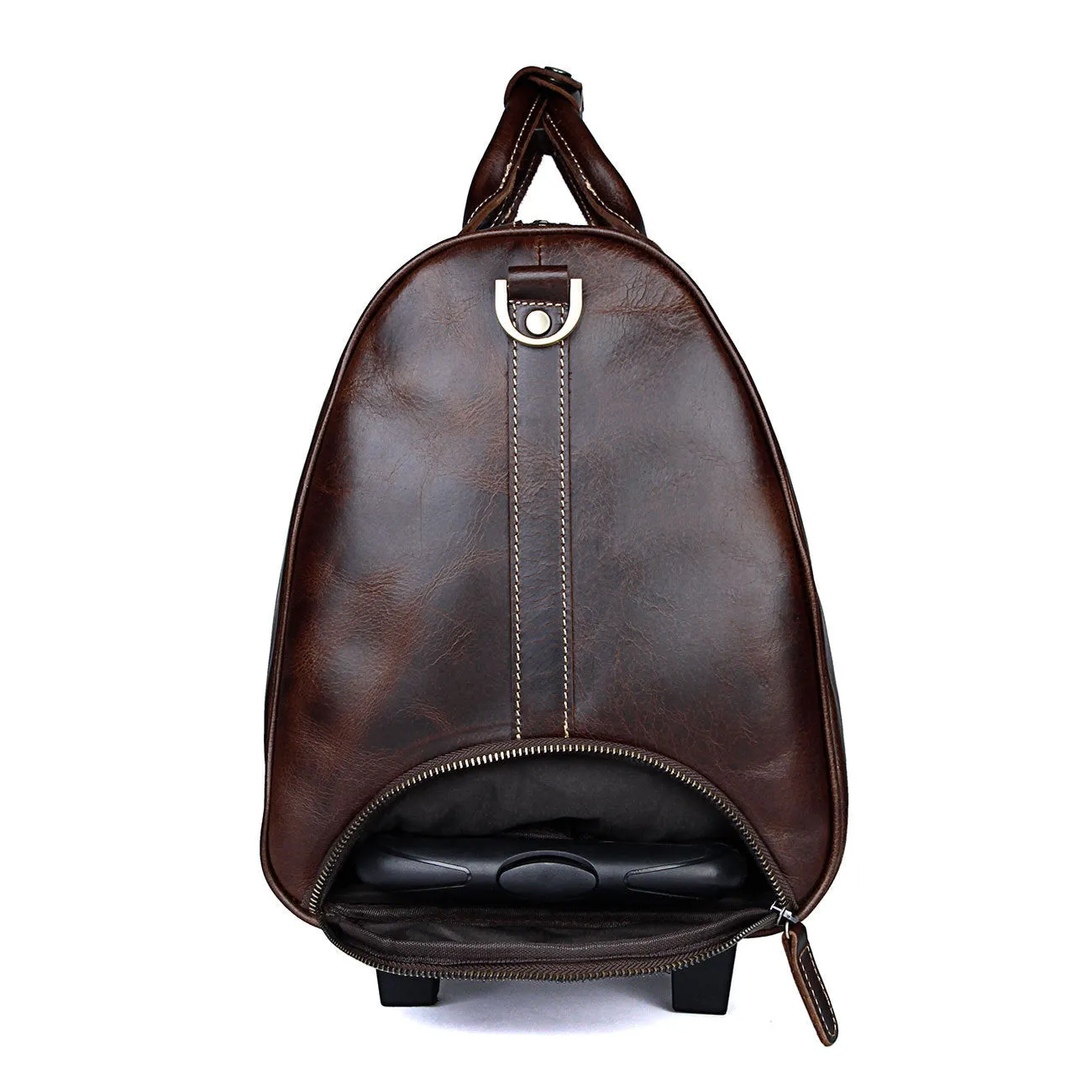 Unisex Retro Genuine Leather Rolling Luggage Duffel Bag with Wheels