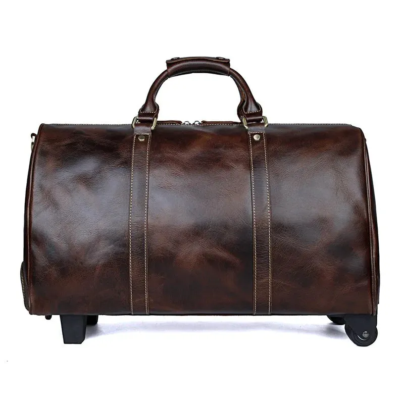 Unisex Retro Genuine Leather Rolling Luggage Duffel Bag with Wheels