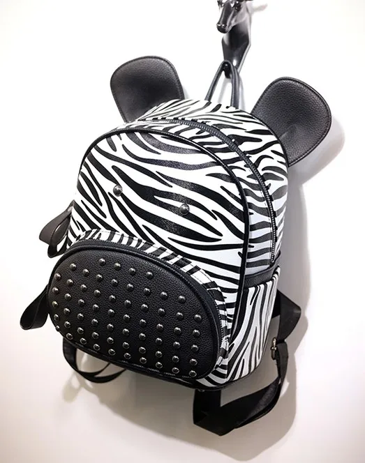 White Black Metal Studs Zebra Head Backpack Bag